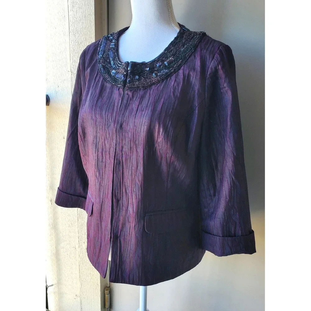 Chicos Jacket Womens Medium‎ Purple Beaded Elegant Fall Holiday Formal Lux Glam